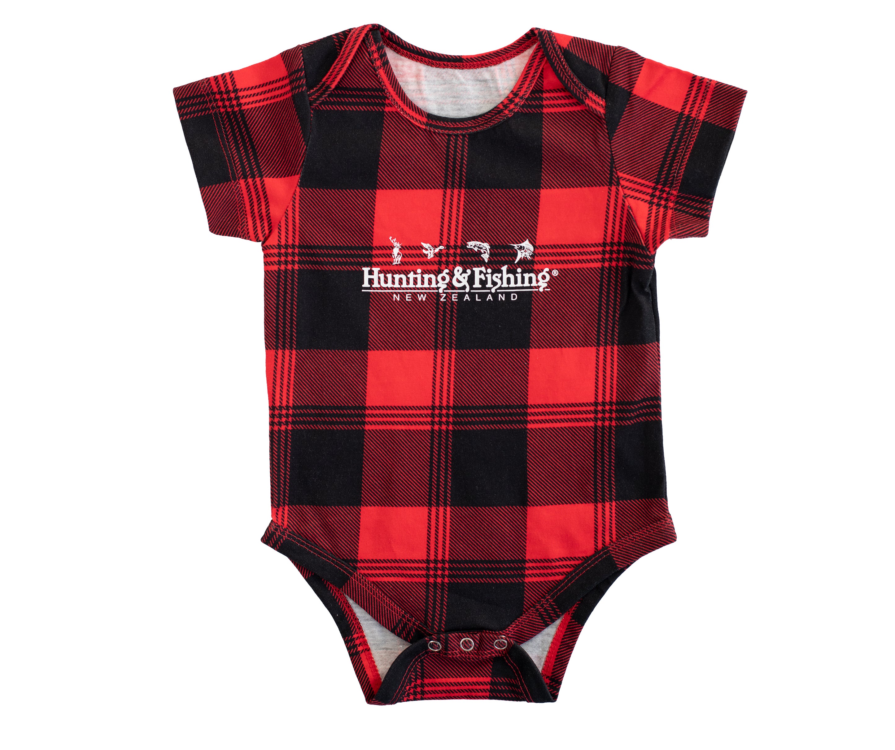 Hunting Fishing Kids Babies Retro Check Bodysuit Red Black